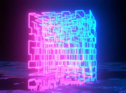 Neon background. 3d rendering maze, glowing square maze. Neon show light in dark Stock Illustration