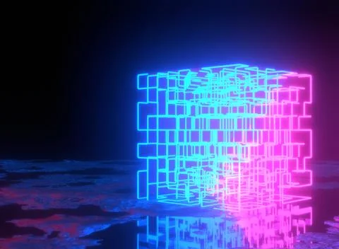 Neon background. 3d rendering maze, glowing square maze. Neon show light in dark Illustrazione stock