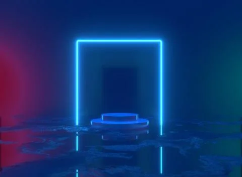 Neon background. 3d rendering pedestal, shiny metallic podium with glowing Illustrazione stock