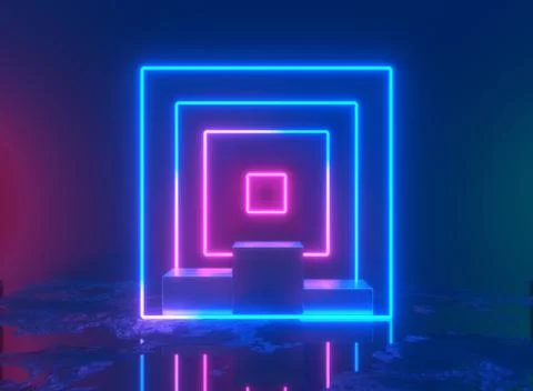 Neon background. 3d rendering pedestal, shiny metallic podium with glowing Stock-Illustration