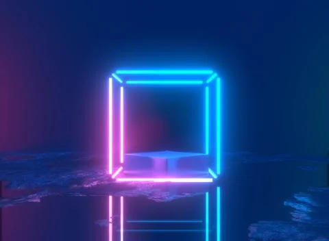 Neon background. 3d rendering pedestal, shiny metallic podium with glowing Stock Illustration