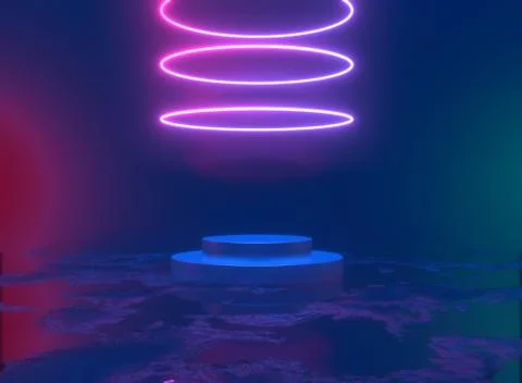 Neon background. 3d rendering pedestal, shiny metallic podium with glowing Illustrazione stock