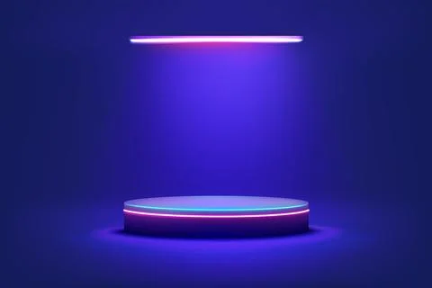 Neon background. Blue podium light, 3d purple product empty stage or stand, dark Stock Illustration