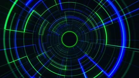 Neon background of green and blue glowing laser lines forming a tunnel Stock Footage 307951339