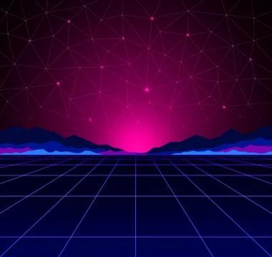 Neon background template. Electric light perspective. Retro computer games, sci Stock Illustration
