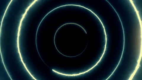 Neon bakcground flying through edless glowing rotating neon circles creating a Vídeo Stock 111388545