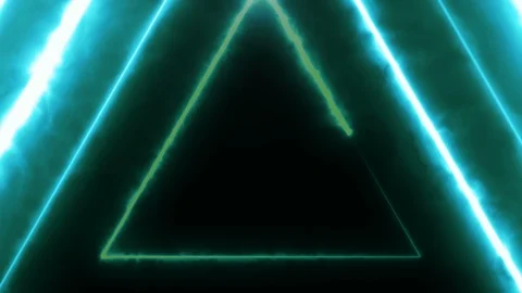 Neon bakcground flying through edless glowing rotating neon triangles creating a Stockbeeldmateriaal 124538794