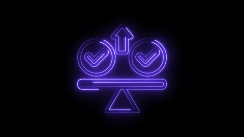 Neon balance scale with checkmarks and upward arrow glowing purple on icon black Stock Footage 333960853