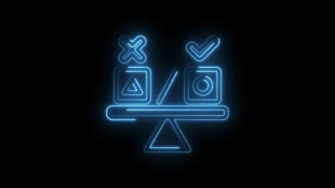 Neon balance scale comparing checkmark and cross with abstract shapes Vídeo Stock 333959205
