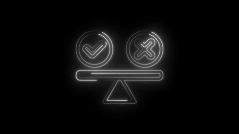 Neon balance scale weighing checkmark versus cross symbol decision making Vídeo Stock 333954874