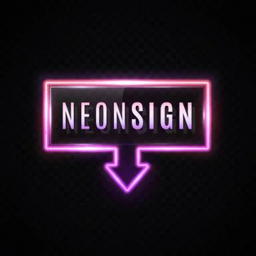 Neon banner with down arrow on dark background. Stock Illustration