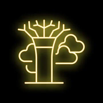 Neon baobab tree with clouds shining brightly on black background Stock Illustration