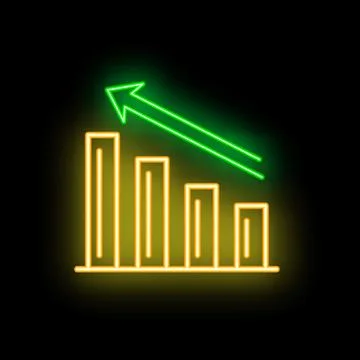 Neon bar chart showing negative trend with green arrow pointing down Stock Illustration
