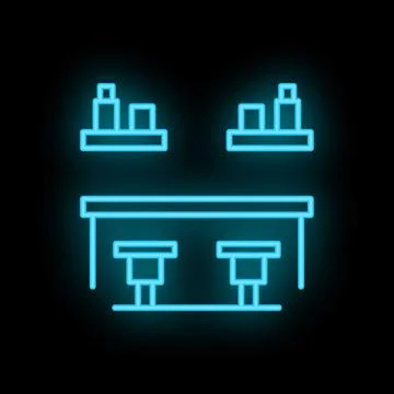 Neon bar counter with stools and shelves glowing on black wall background Illustrazione stock