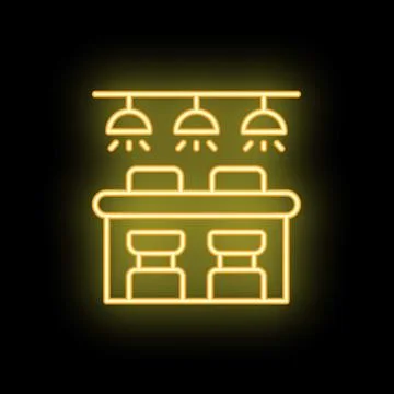 Neon bar counter with stools and ceiling lamps illuminating the room Illustrazione stock