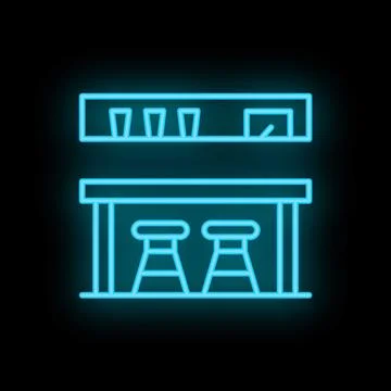 Neon bar counter with stools and shelf with glasses icon light background Illustrazione stock
