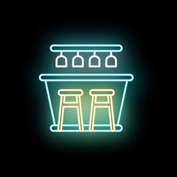 Neon bar counter with stools and hanging glasses Stock Illustration
