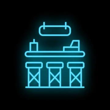 Neon bar counter with stools shining on black background Illustrazione stock