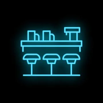 Neon bar counter with stools shining on black background Illustrazione stock