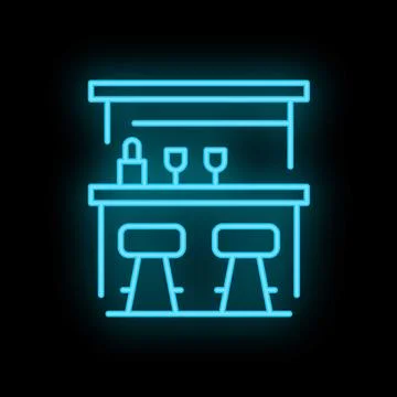 Neon bar counter with stools shining on black wall background Illustrazione stock
