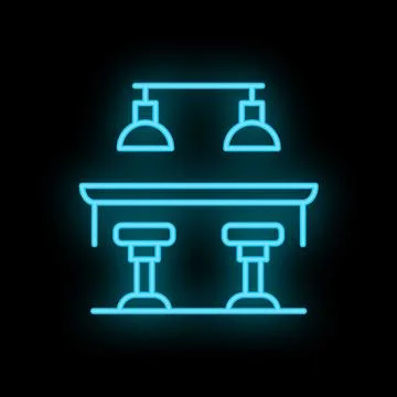 Neon bar counter with stools shining in the dark Illustrazione stock