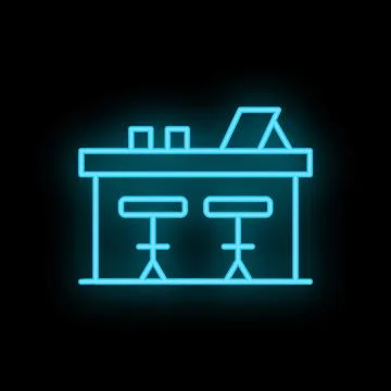 Neon bar counter with stools shining on black wall background Illustrazione stock