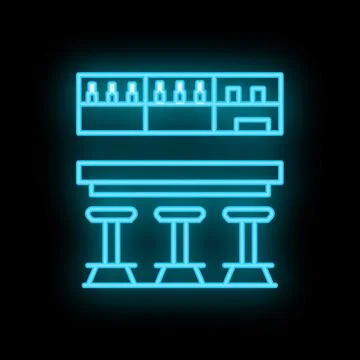 Neon bar counter with stools shining on black wall background Illustrazione stock