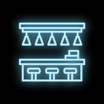 Neon bar counter with stools shining on black wall background Stock Illustration