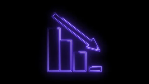 Neon bar graph with decreasing trend and downward arrow on black background 库存影片 312319579