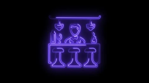 Neon bar scene animation of bartender,stools,and drinks isolated on black b.. Stock Footage 330780479