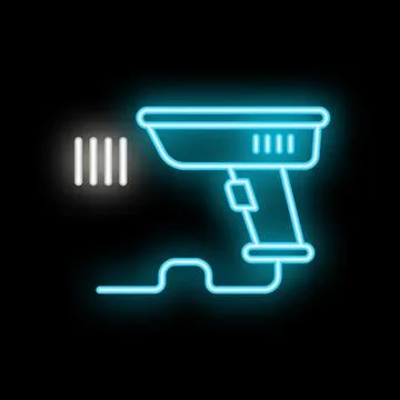 Neon barcode scanner sending data beam glowing blue on black background Stock Illustration