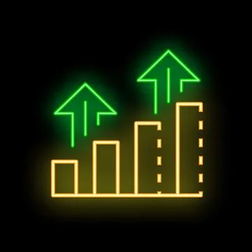 Neon bars chart growing up with green up arrows on black background 스톡 일러스트