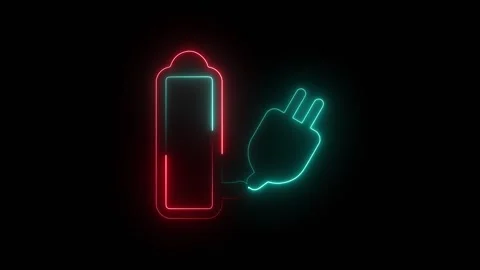 Neon battery and electric plug icon on black background Vídeos de archivo 345197559