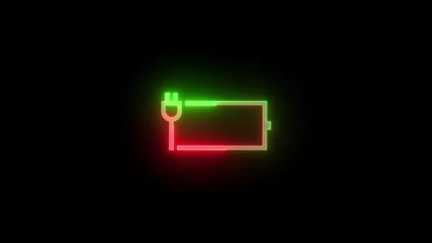 Neon battery charging plug icon green red color glowing animated Stock Footage 269496032