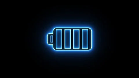 Neon battery icon displaying charging progress on black background Stock Footage 327758170