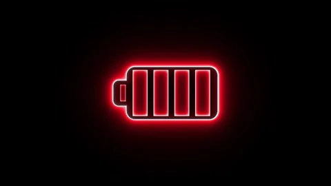 Neon battery icon displaying charging progress on black background Stock Footage 327758173