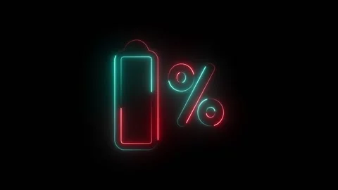Neon battery icon showing zero percent charge level Video stock 344794375