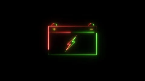 Neon battery symbol with lightning bolt red green glow on black background .. Stock Footage 338371816