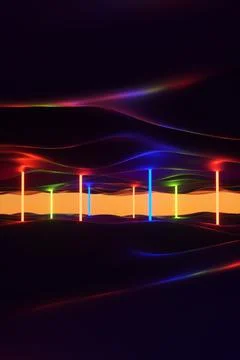 Neon beams between two wavy dune mirror surfaces. 3d rendering illustration. Stock Illustration