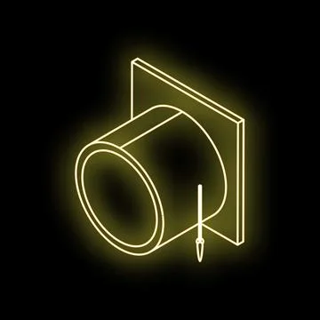 Neon bedug drum with stick hitting the drumhead, isometric icon on black back Stock Illustration