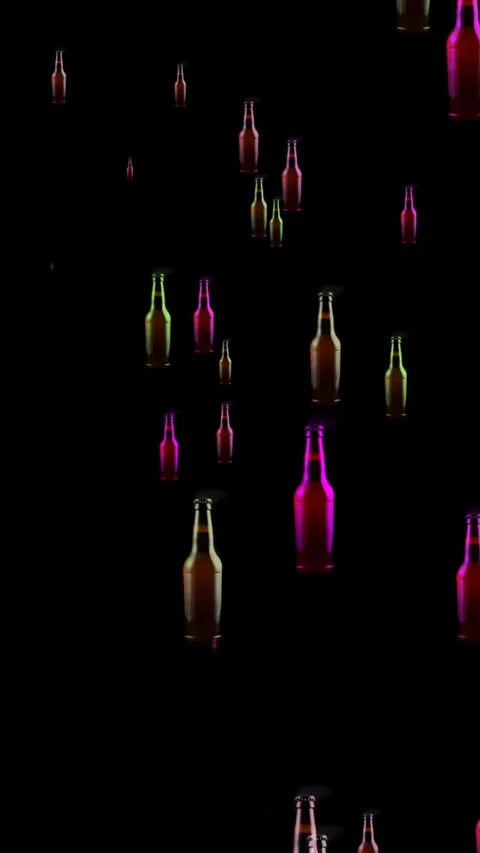 Neon Beer Bottles Floating On Black Background For Party Nightlife And Cele.. Stock Footage 337738503