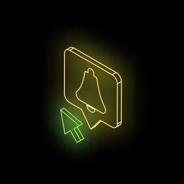 Neon bell icon with mouse cursor clicking on mobile phone screen notification Stock Illustration