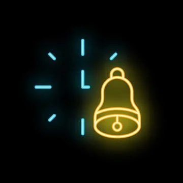 Neon bell icon ringing with light rays on black background Stock Illustration