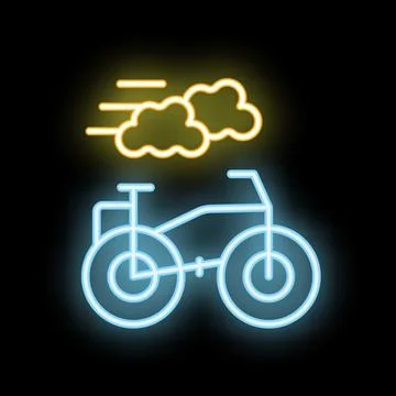 Neon bicycle under moving clouds illustration on black background Stock Illustration