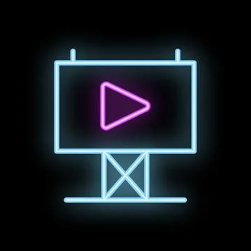 Neon billboard showing play button on dark background Stock Illustration