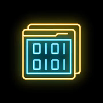 Neon binary code inside computer window glowing on black background Stock Illustration