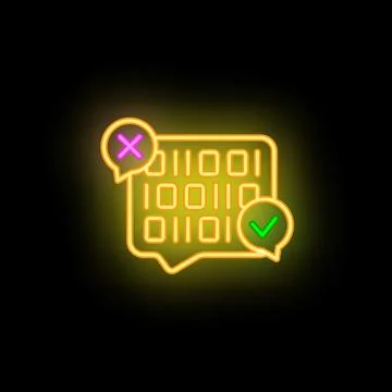 Neon binary code message with check and cross marks Stock Illustration