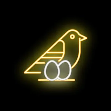 Neon bird incubating eggs on black background Illustrazione stock