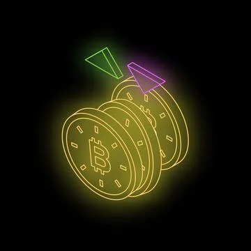 Neon bitcoin cryptocurrency coins rotating with arrows pointing up, represent Stock Illustration
