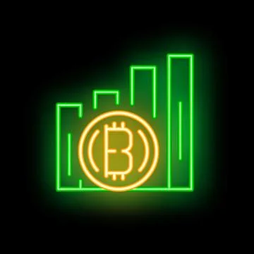 Neon bitcoin cryptocurrency growing up chart icon on black background Stock Illustration